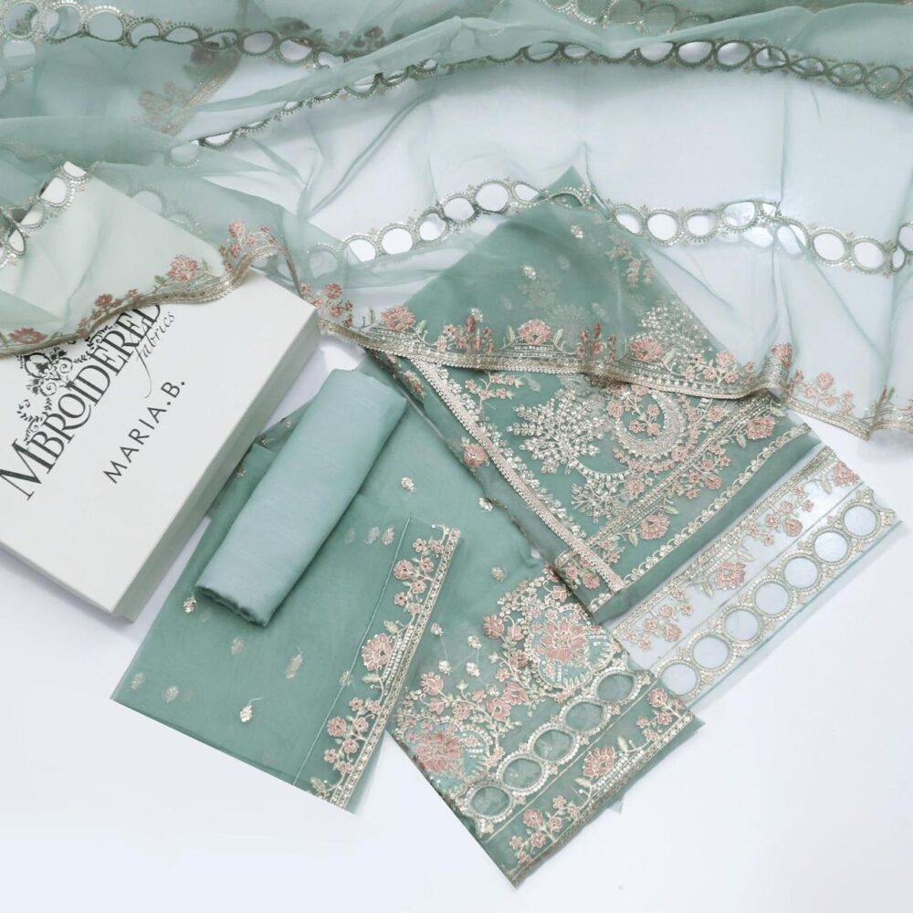 Maria B Light Pista Organza Dress – Embroidered 3 Piece Suit by Nooriza Fabric