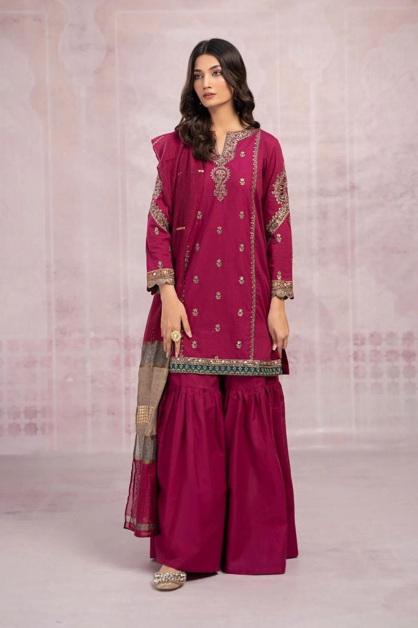 Maria B dhanakh embroidered 3 piece suit with wool shawl – Code 5023 by Nooriza Fabric