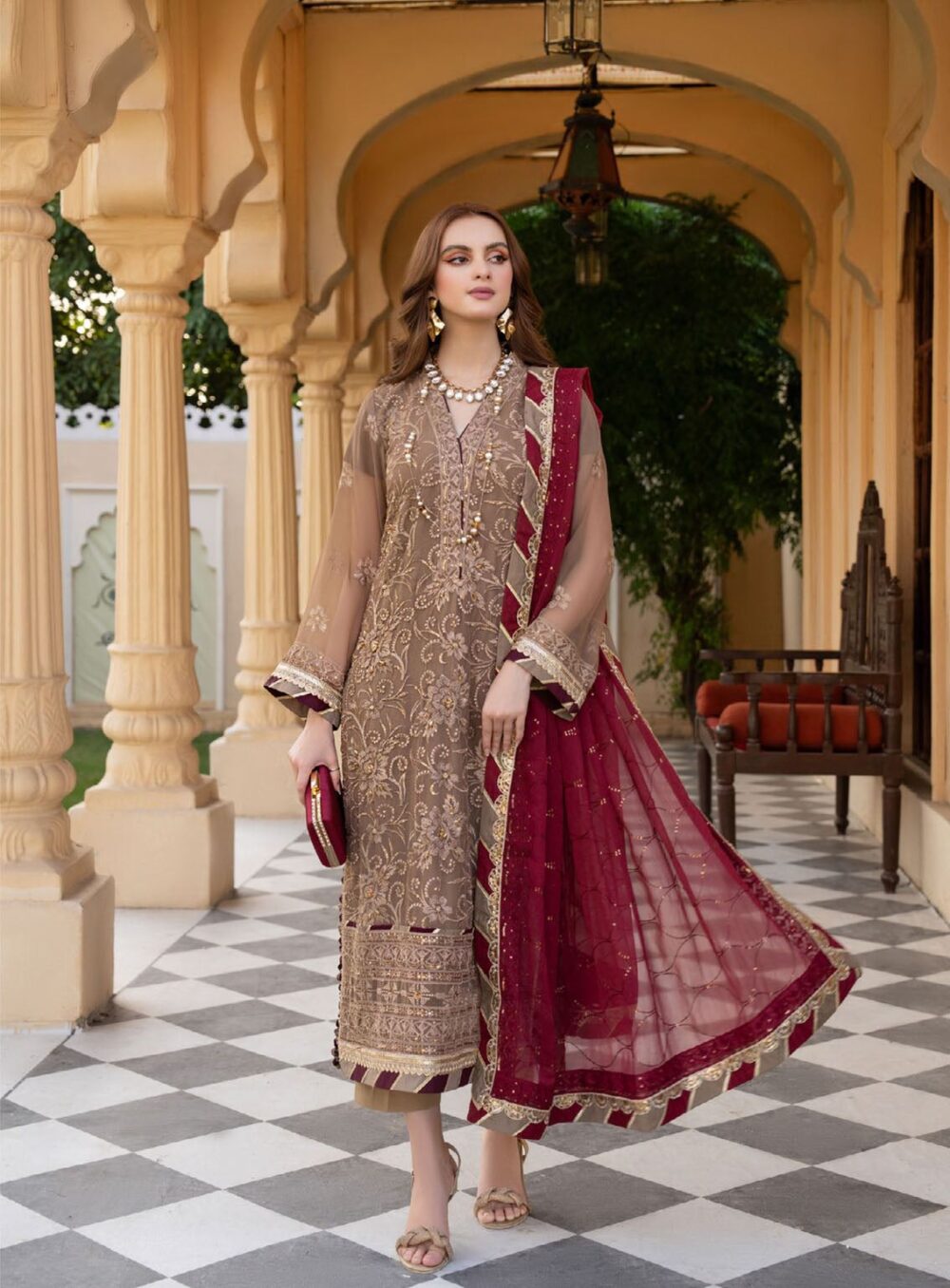Noorma Kamal unstitched replica chiffon suit with sequin work and malai trouser – 5019 by Nooriza Fabric
