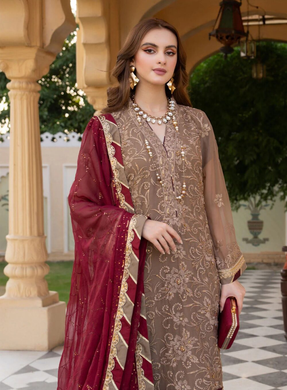 Noorma Kamal unstitched replica chiffon suit with sequin work and malai trouser – 5019 by Nooriza Fabric