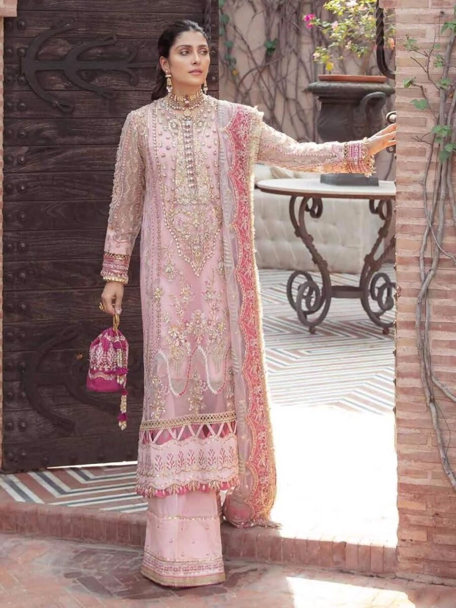Afrozeh bridal organza embroidered unstitched suit with stone work dupatta by Nooriza Fabric