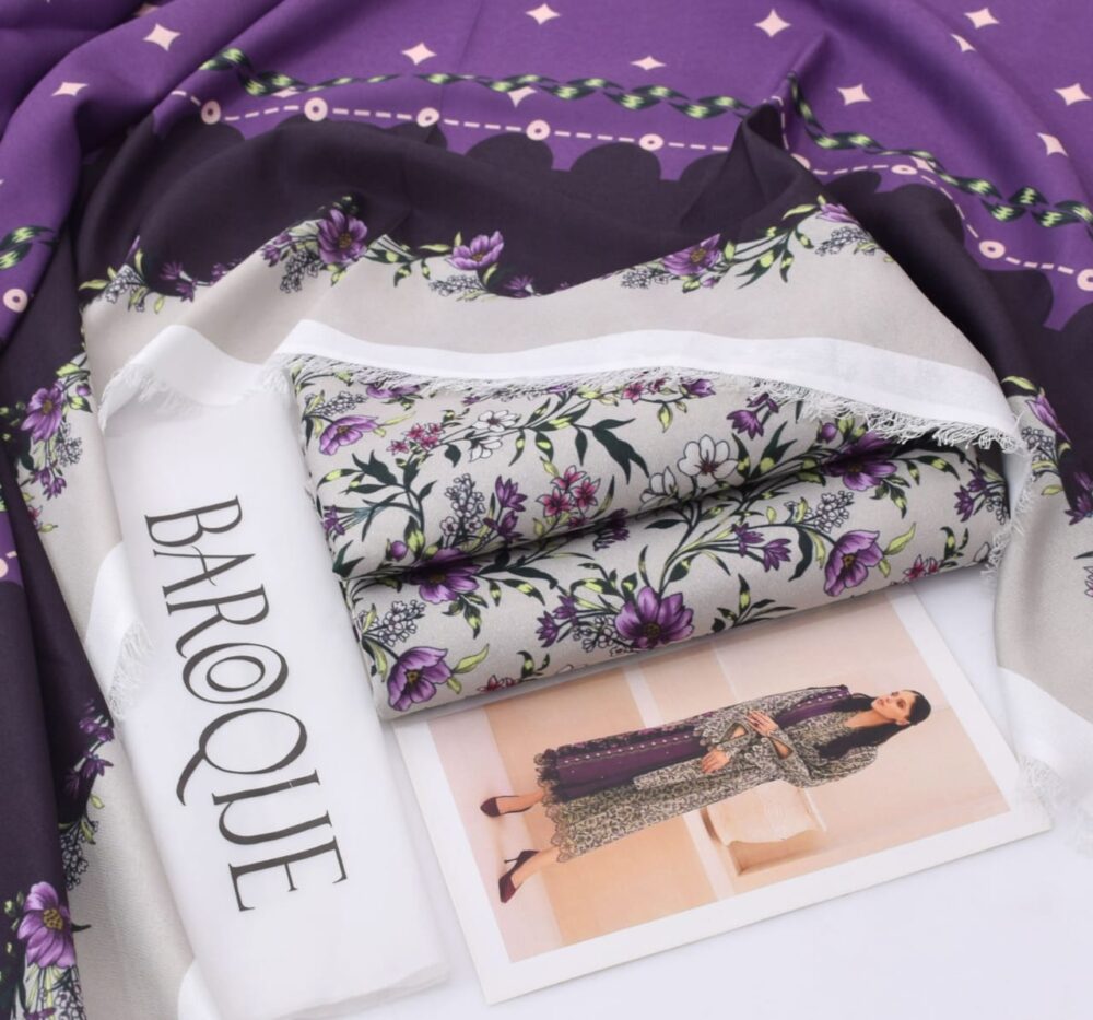 Baroque karandi printed 3 piece unstitched suit with printed dupatta, code 5026