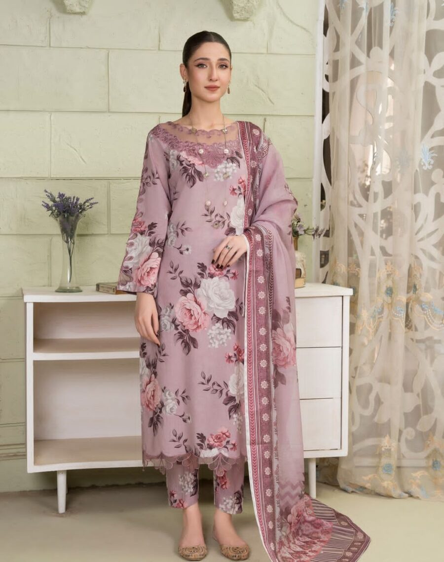 Baroque karandi 3 piece printed unstitched suit with printed dupatta – Code 5024