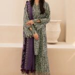 Baroque karandi printed 3 piece unstitched suit with printed dupatta, code 5026