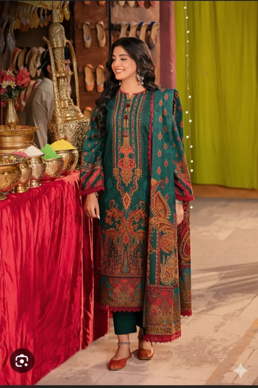 Baroque Karandi 3PC Printed Suit Code 5039 with Shirt Trouser and Dupatta by Nooriza Fabric